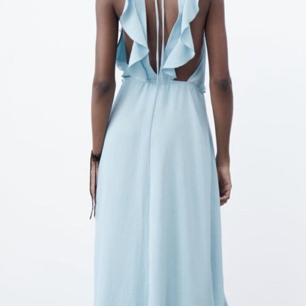 ZARA WOMANS SS22 PASTEL BLUE SLIT RUFFLED MIDI DRESS SZ M - Picture 10 of 10